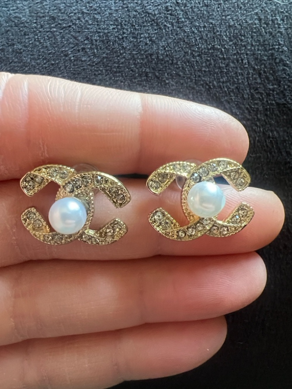 CHANEL Gold and Pearl CC Logo Crystal Stud Earrings